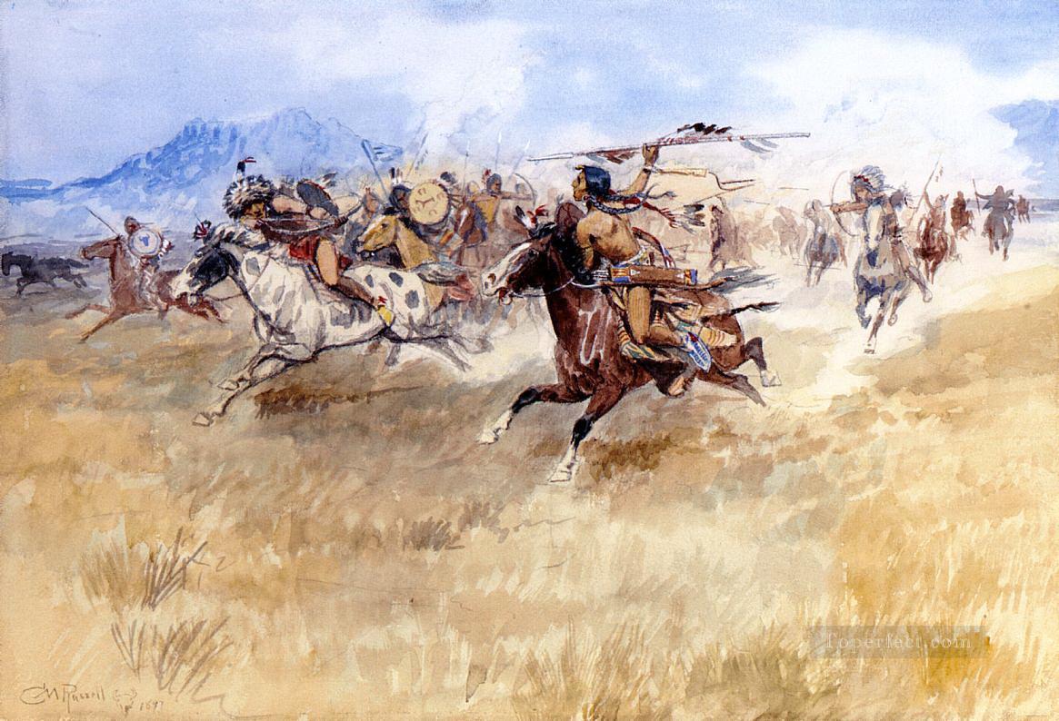La batalla entre los pies negros y los piegans 1897 Charles Marion Russell Indios americanos Pintura al óleo